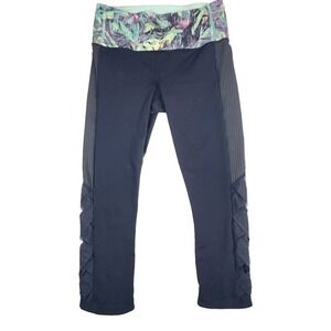 Lululemon‎ Black Cropped Leggings w/ Teal/Purple Cracked Ice Waistband, Size 6